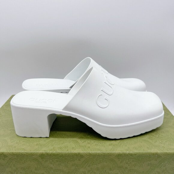 Gucci Logo Rubber Platform Heel Clogs Mules Slip On 725899 White Wms EU 39 US 9 - Picture 6 of 13